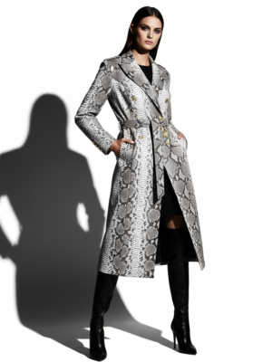 Genuine Python Leather Natural White Snake Skin Exotic Belted Long Coat