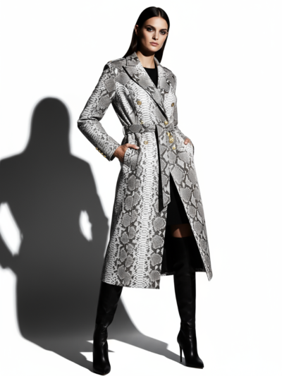 Genuine Python Leather Natural White Snake Skin Exotic Belted Long Coat