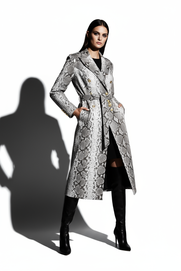 Genuine Python Leather Natural White Snake Skin Exotic Belted Long Coat