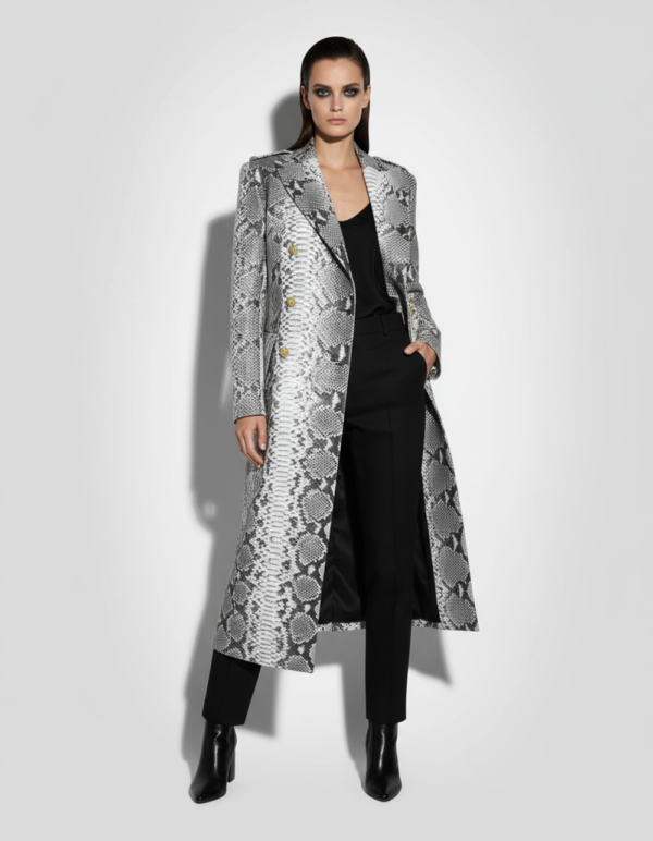 Genuine Python Leather Natural White Snake Skin Exotic Belted Long Coat