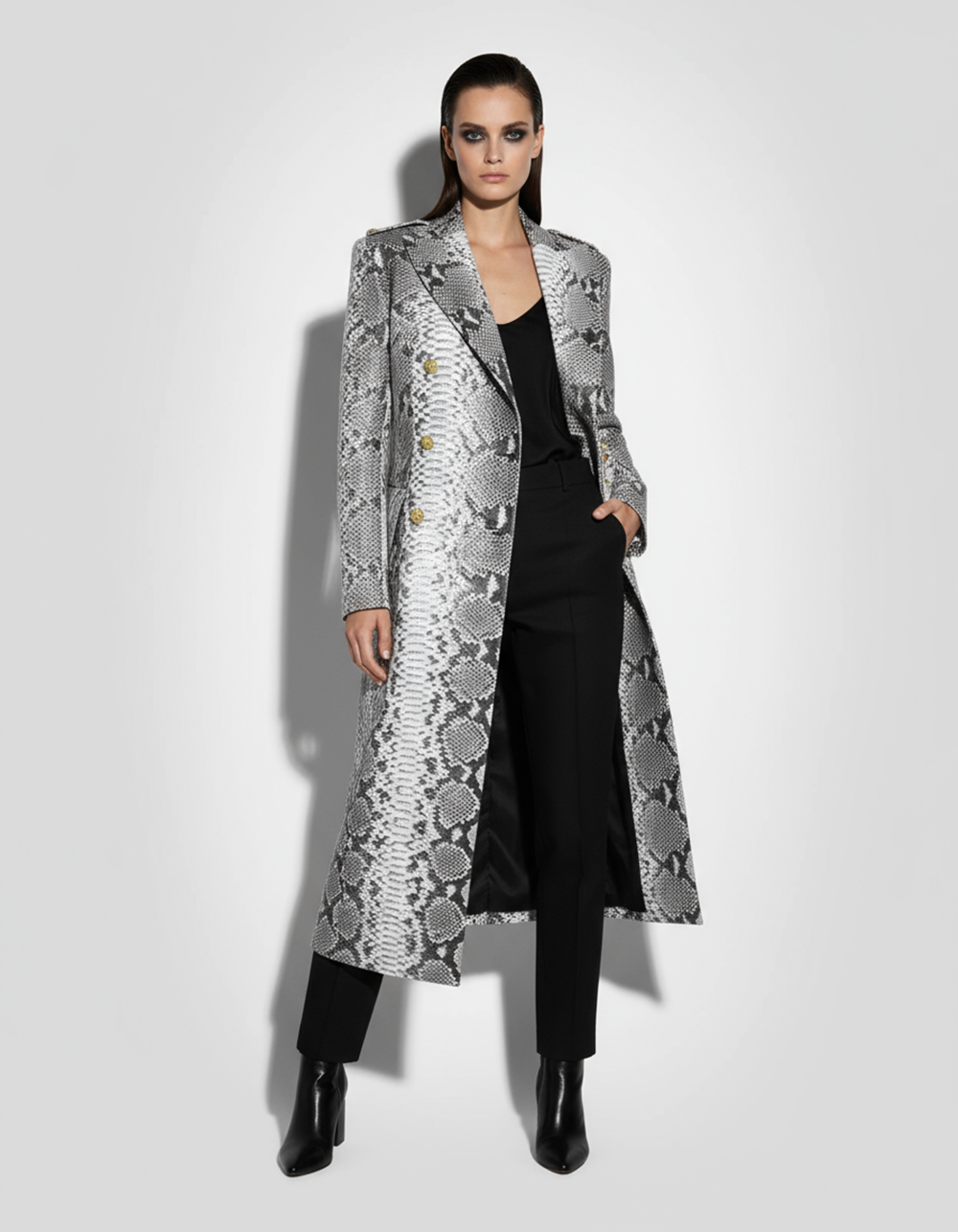 Genuine Python Leather Natural White Snake Skin Exotic Belted Long Coat