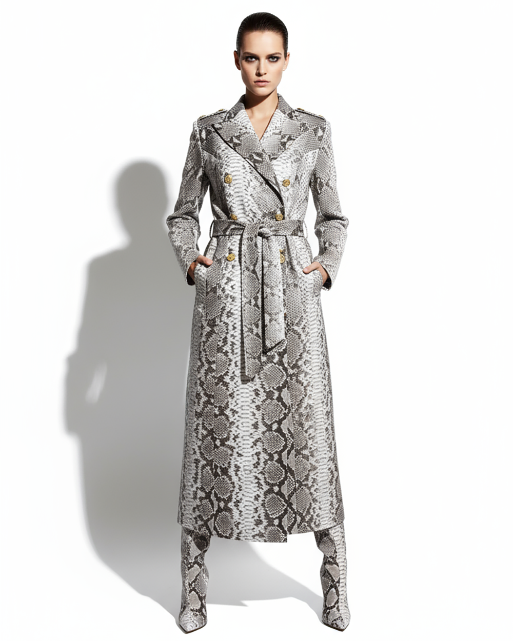 Genuine Python Leather Natural White Snake Skin Exotic Belted Long Coat