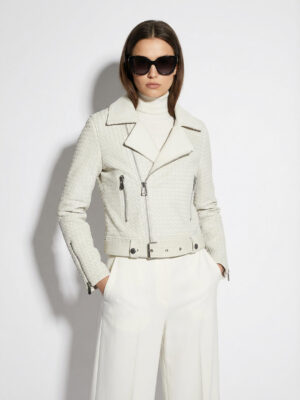 Intrecciato Lambskin Blouson Hand Woven Genuine Leather Women's White Biker Jacket