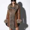 Genuine Crystal Fox Fur Trim Real Shearling Brown Women's Long Fur Coat