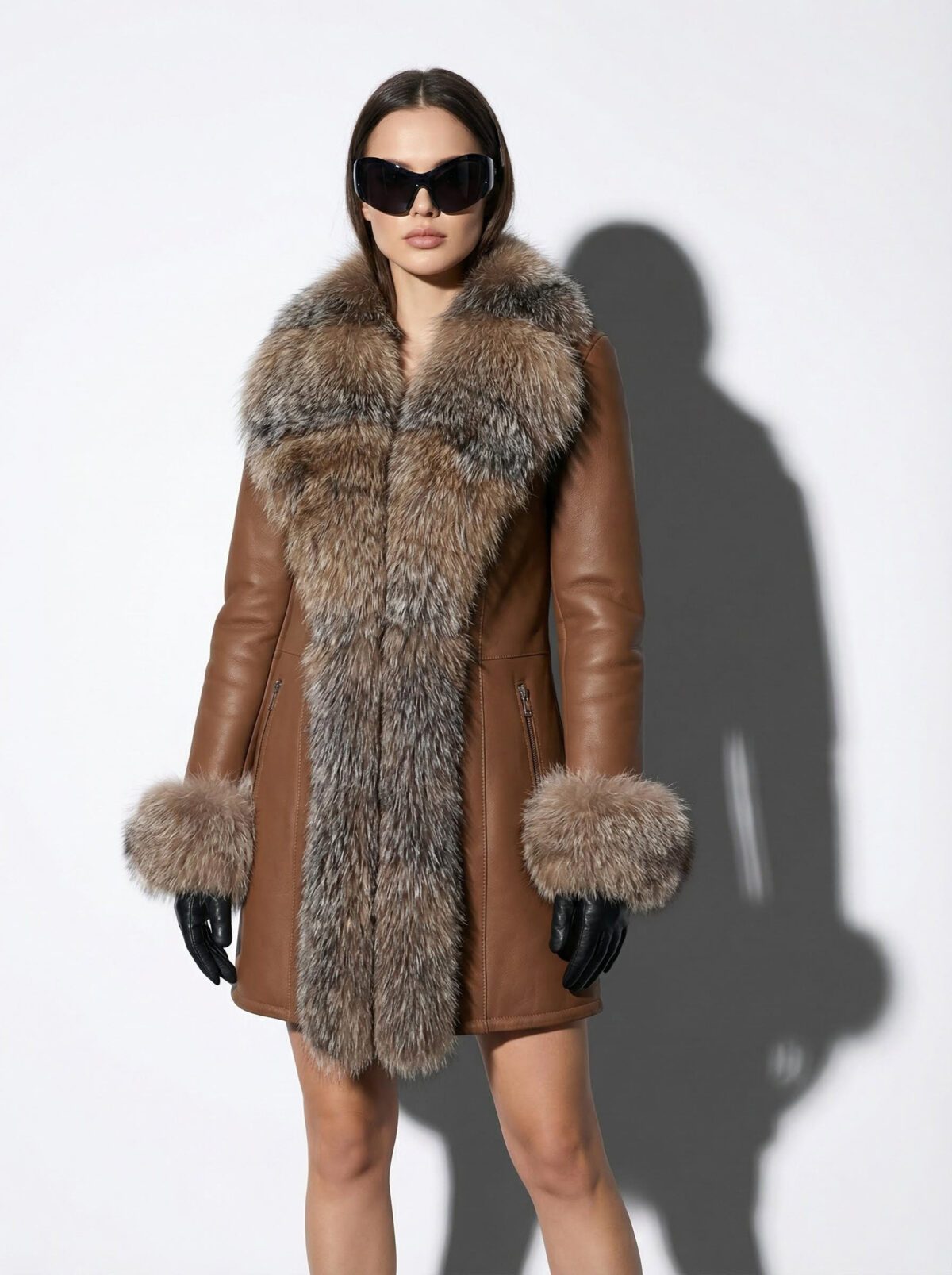 Genuine Crystal Fox Fur Trim Real Shearling Brown Women's Long Fur Coat