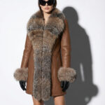 Crystal Fox Fur Trim Shearling Long Coat – Brown