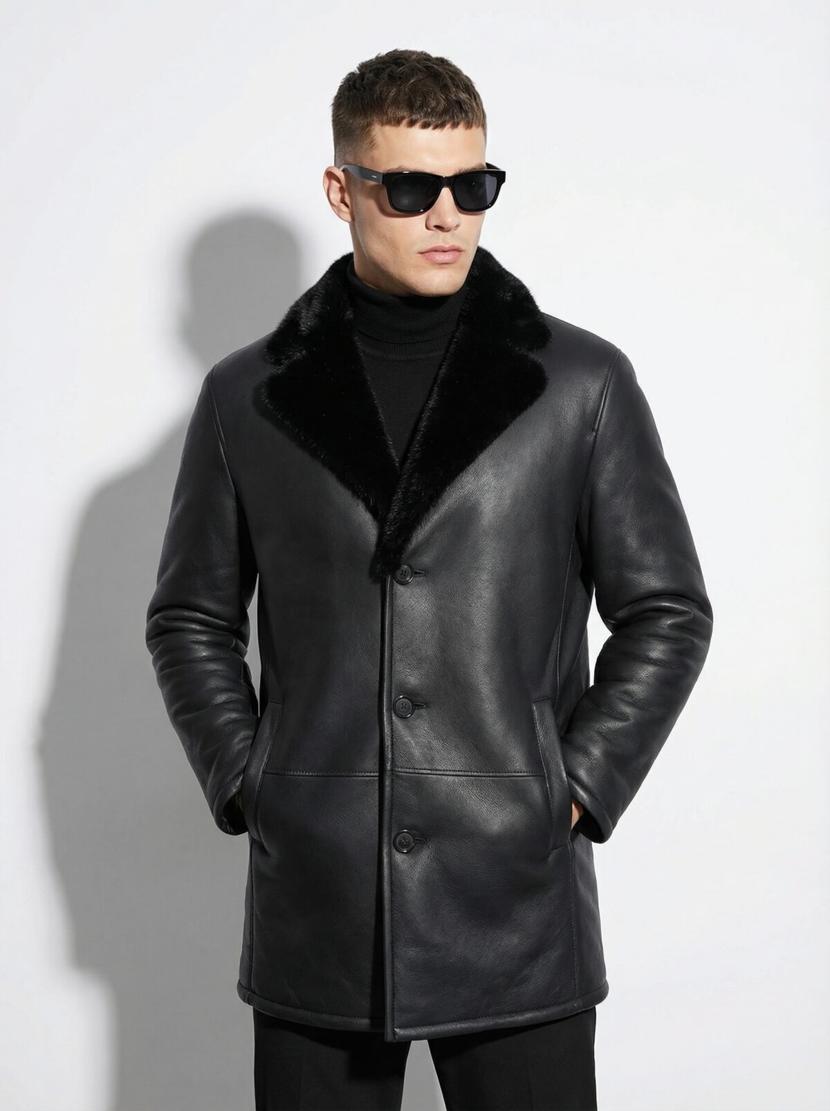 Genuine Mink Fur Collar Shearling Coat - Men's Black Luxury Handmade