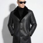 Genuine Mink Fur Collar Shearling Coat - Men's Black Luxury Handmade