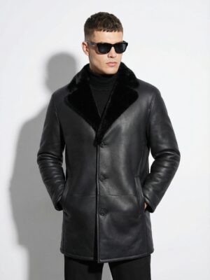 Genuine Mink Fur Collar Shearling Coat - Men's Black Luxury Handmade
