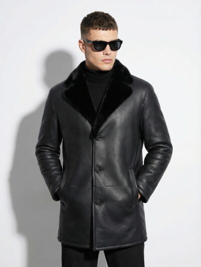Genuine Mink Fur Collar Shearling Coat - Men's Black Luxury Handmade