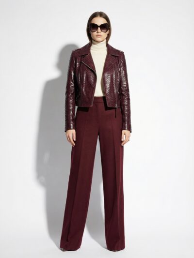 Genuine Python Leather Real Exotic Snake Skin Burgundy Luxury Fashion Biker Jacket