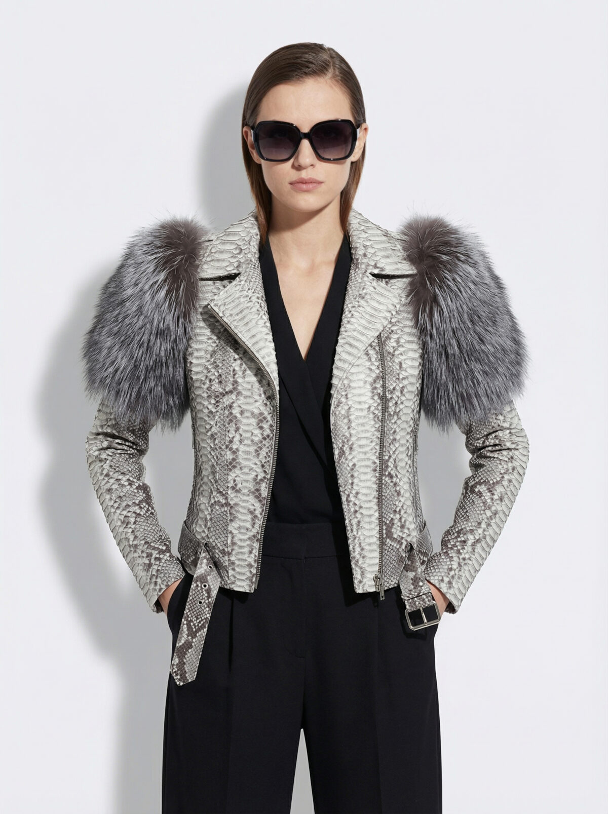 White Python Biker Jacket with Fox Fur Collar