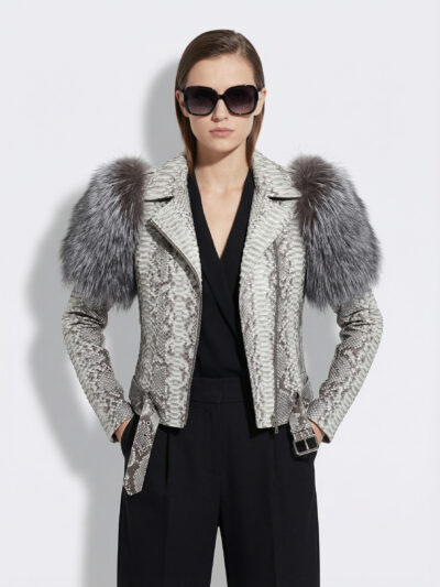 White Python Biker Jacket with Fox Fur Collar