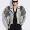 Women's Genuine Python Leather Real Fox Fur Trim White Exotic Biker Jacket