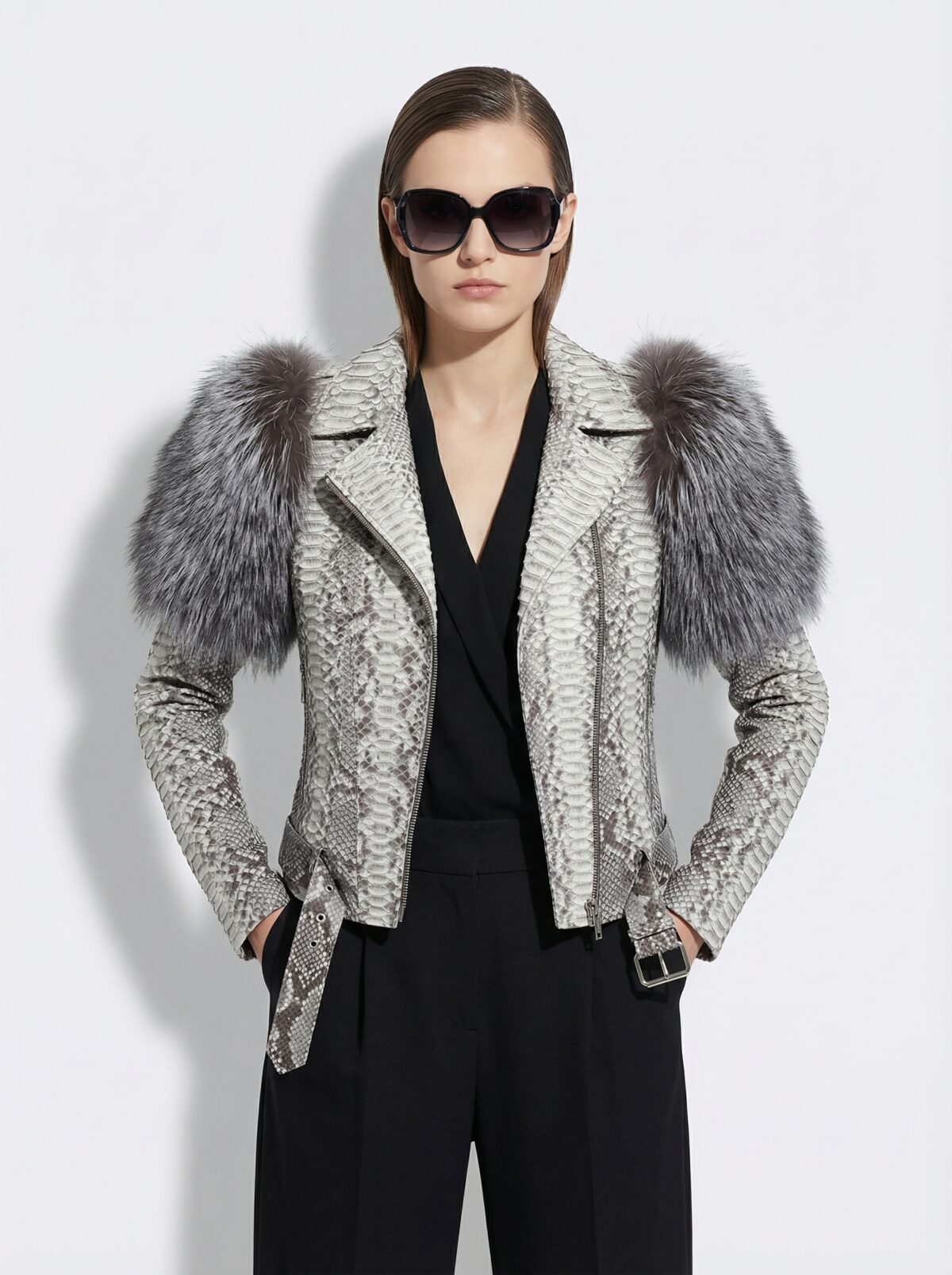 Women's Genuine Python Leather Real Fox Fur Trim White Exotic Biker Jacket