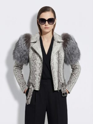 Women's Genuine Python Leather Real Fox Fur Trim White Exotic Biker Jacket