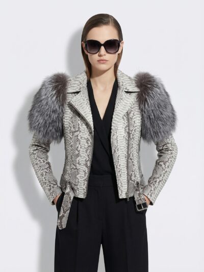 Women's Genuine Python Leather Real Fox Fur Trim White Exotic Biker Jacket