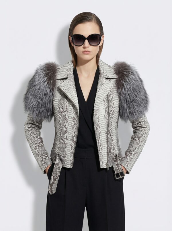 Women's Genuine Python Leather Real Fox Fur Trim White Exotic Biker Jacket