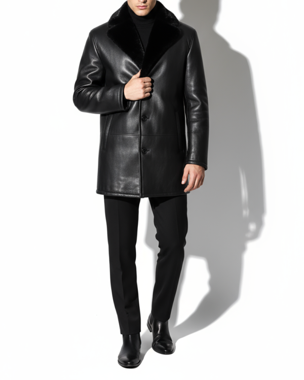 Genuine Mink Fur Collar Shearling Coat - Men's Black Luxury Handmade