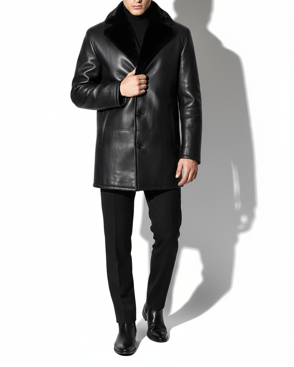 Genuine Mink Fur Collar Shearling Coat - Men's Black Luxury Handmade