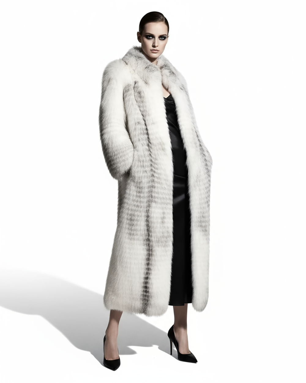 Arctic Marble Fox Fur Luxury Women's Full Length Long Coat