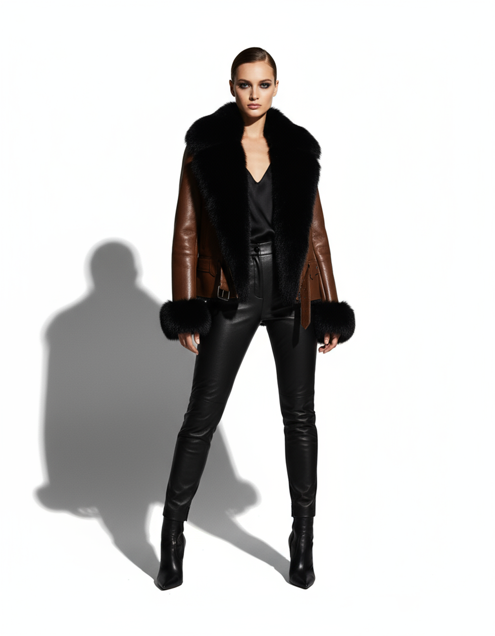 Genuine Fox Fur Trim Real Shearling Biker Jacket
