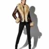 Genuine Fox Fur Trim Real Shearling Tan Biker Jacket