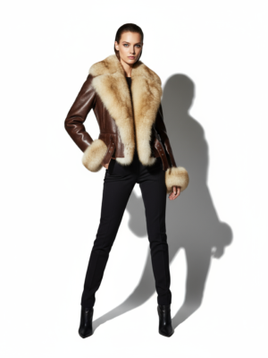 Genuine Fox Fur Trim Real Shearling Tan Biker Jacket