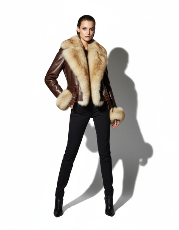 Genuine Fox Fur Trim Real Shearling Tan Biker Jacket