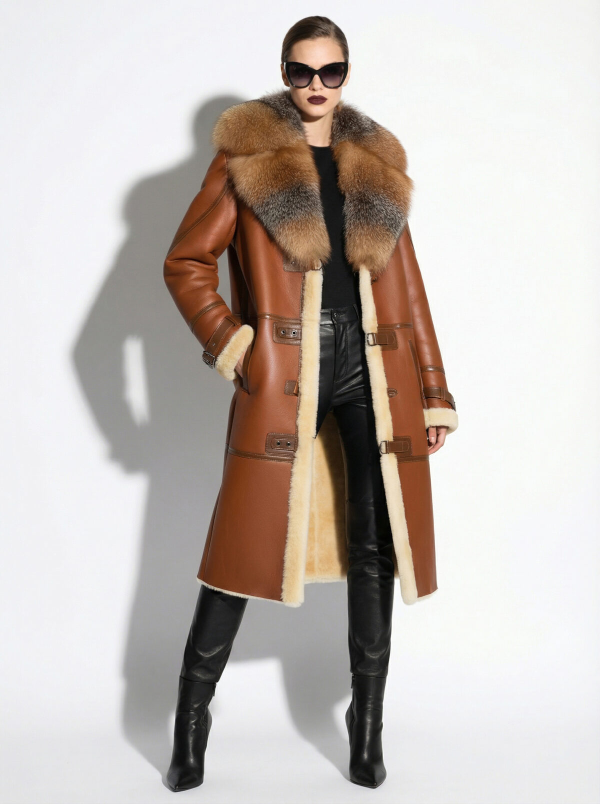 Crystal Fox Fur Trim Shearling Overcoat – Tan