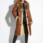 Crystal Fox Fur Trim Shearling Overcoat – Tan