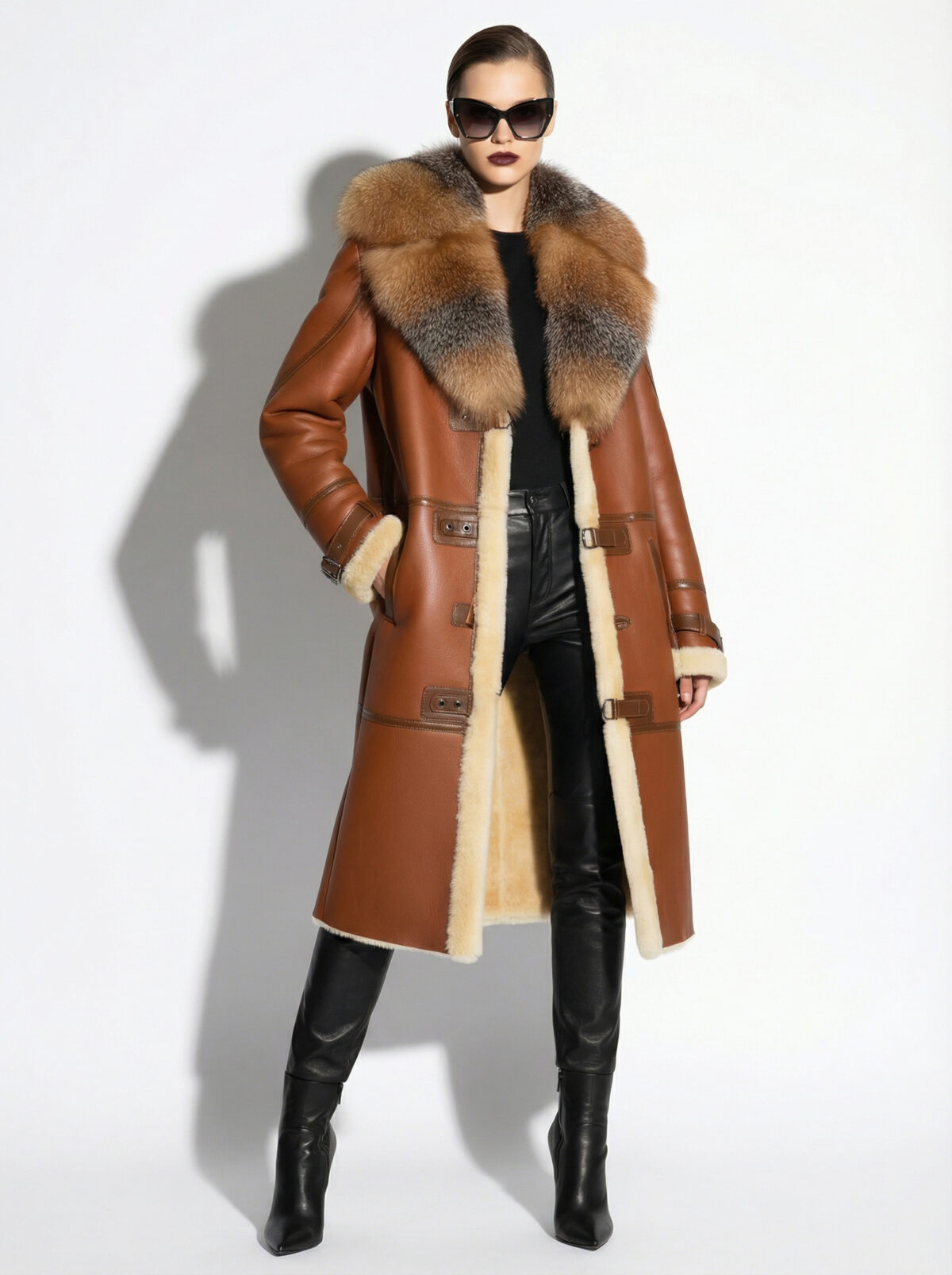 Genuine Crystal Fox Fur Trim Real Shearling Overcoat Tan Long Fur Coat