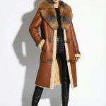 Genuine Crystal Fox Fur Trim Real Shearling Overcoat Tan Long Fur Coat