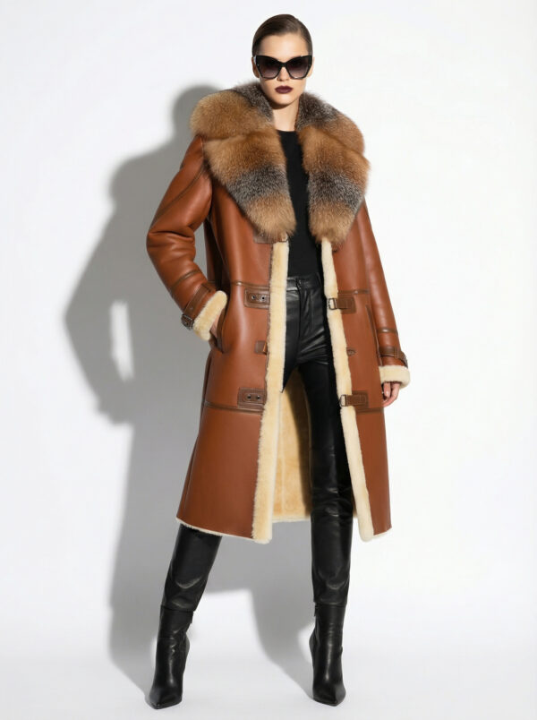 Genuine Crystal Fox Fur Trim Real Shearling Overcoat Tan Long Fur Coat