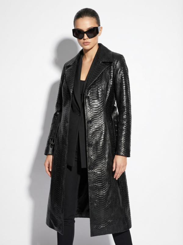 Genuine Python Leather Belted Black Exotic Snake Skin Long Overcoat