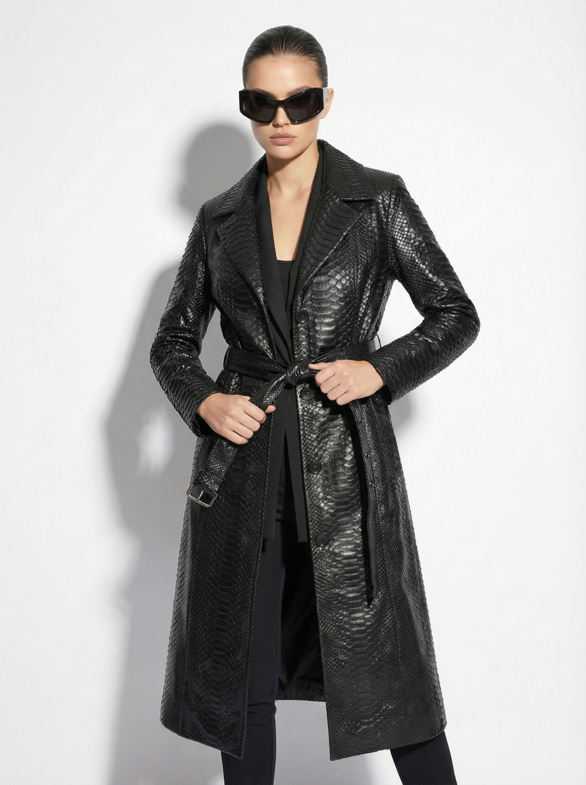 Genuine Python Leather Belted Black Exotic Snake Skin Long Overcoat