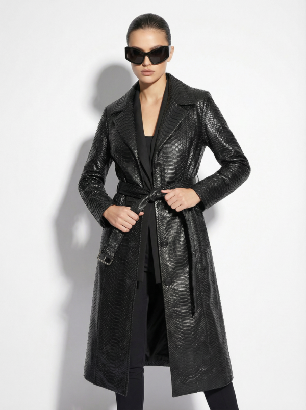 Genuine Python Leather Belted Black Exotic Snake Skin Long Overcoat