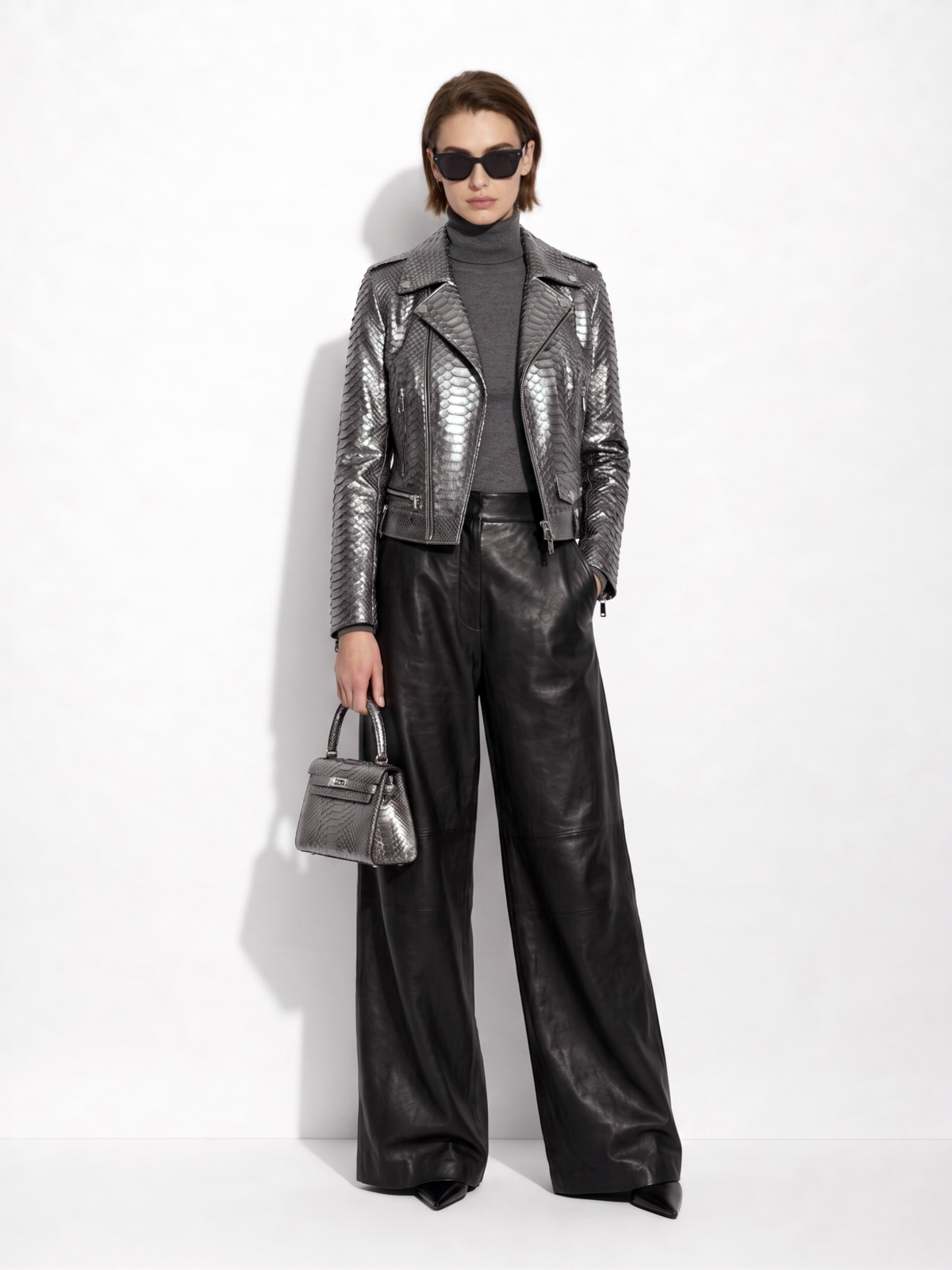 Metallic Grey Python Biker Jacket