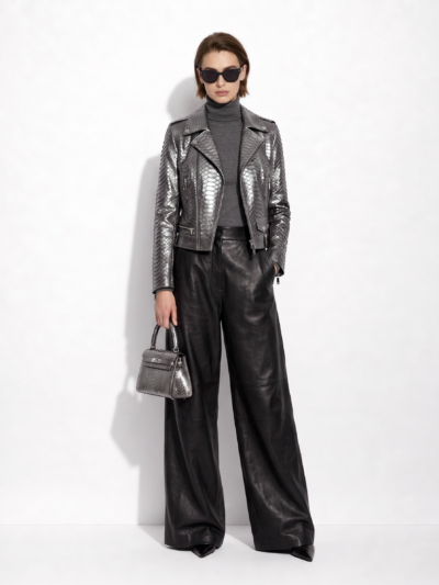 Metallic Grey Python Biker Jacket