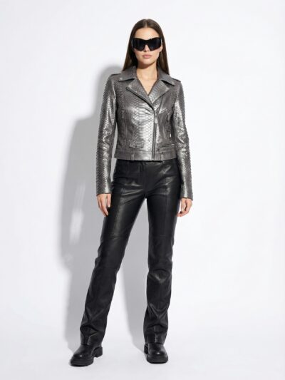 Metalic Grey Genuine Python Leather Real Exotic Snake Skin Biker Jacket