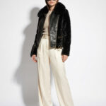 Python Leather & Fox Fur Collar Shearling Jacket