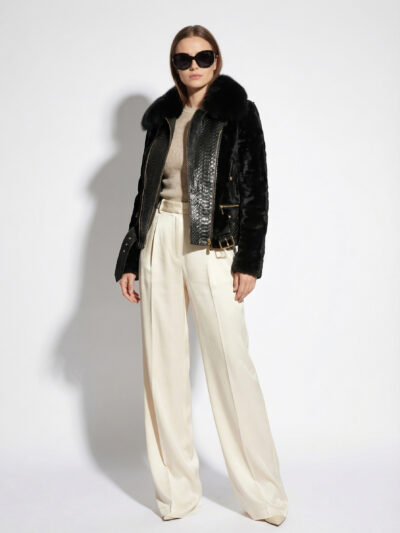 Python Leather & Fox Fur Collar Shearling Jacket