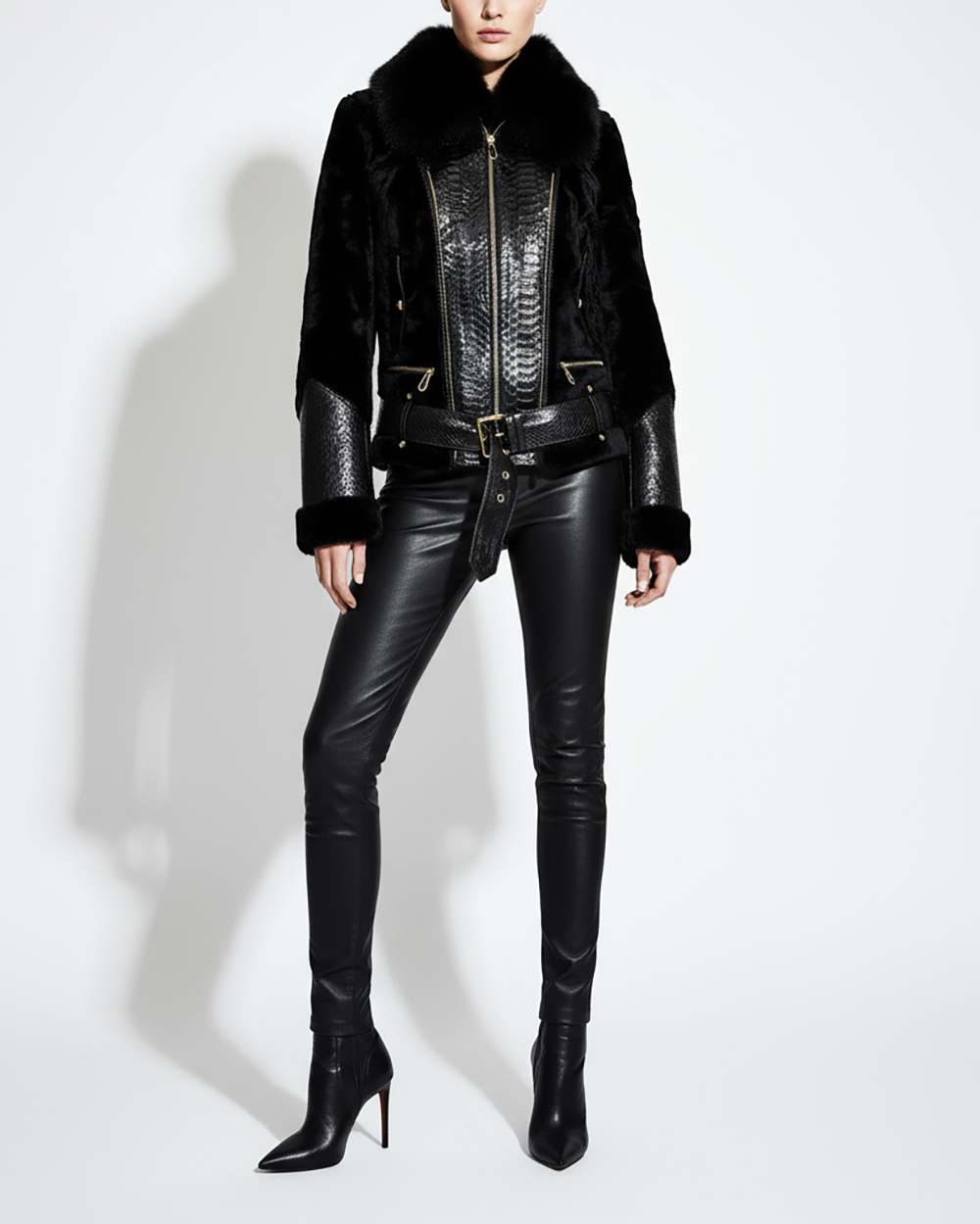 Genuine Python Leather Fox Fur Collar Luxury Sheep Fur Jacket