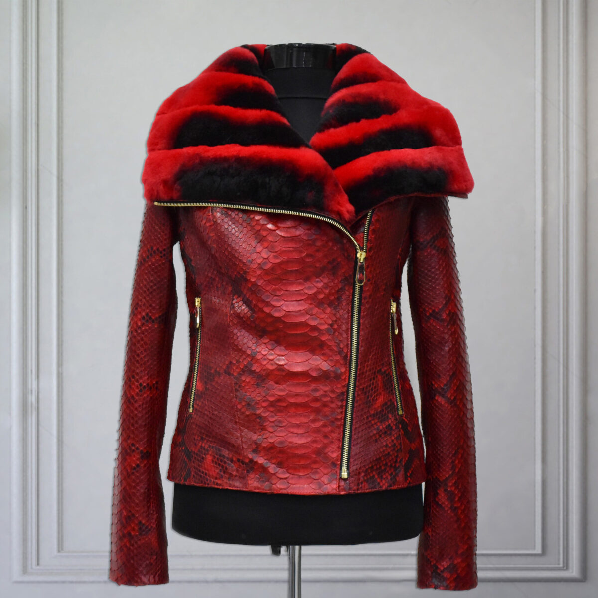 Genuine Python Leather Real Rex Fur Collar Red Exotic Skin Jacket