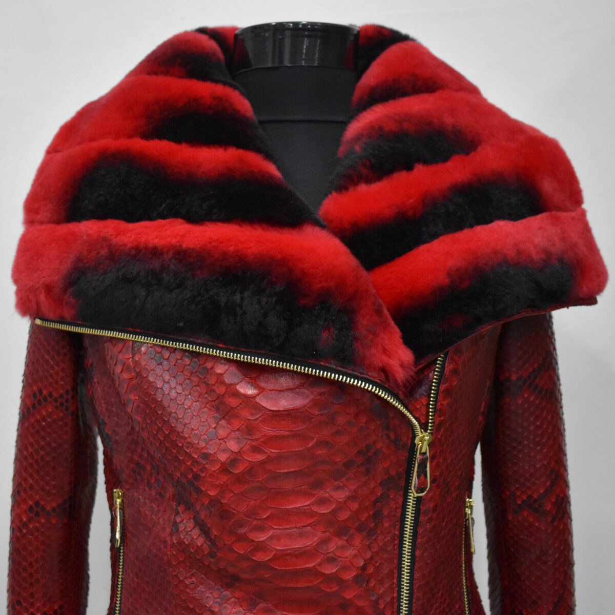 Genuine Python Leather Real Rex Fur Collar Red Exotic Skin Jacket
