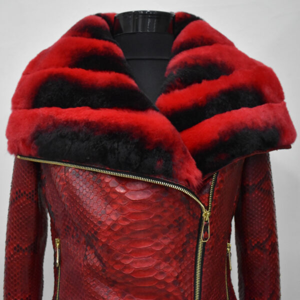 Genuine Python Leather Real Rex Fur Collar Red Exotic Skin Jacket
