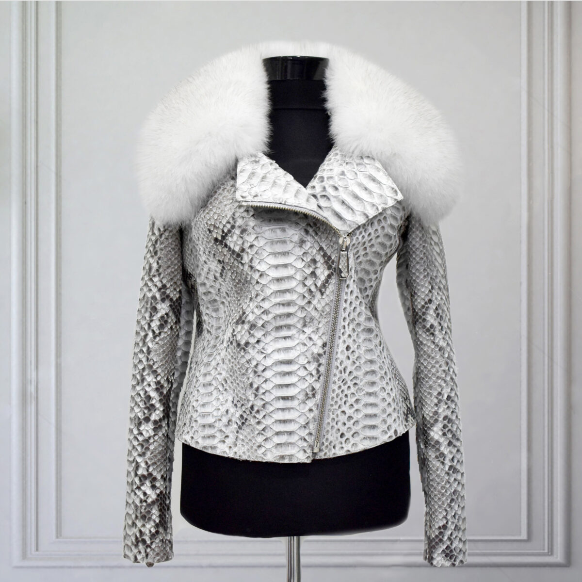 Women's Genuine Python Leather Real Fox Fur Collar White Exotic Biker Jacket