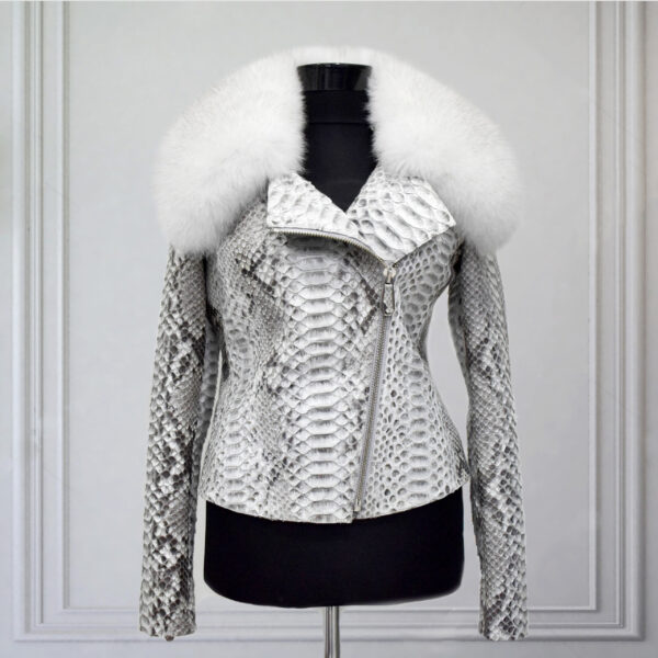 Women's Genuine Python Leather Real Fox Fur Collar White Exotic Biker Jacket