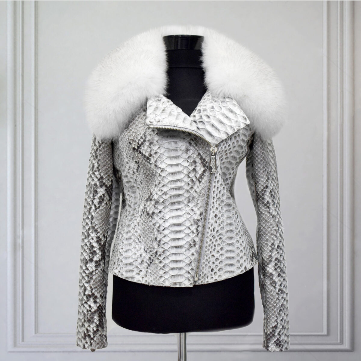 White Python Biker Jacket with Fox Fur Trim