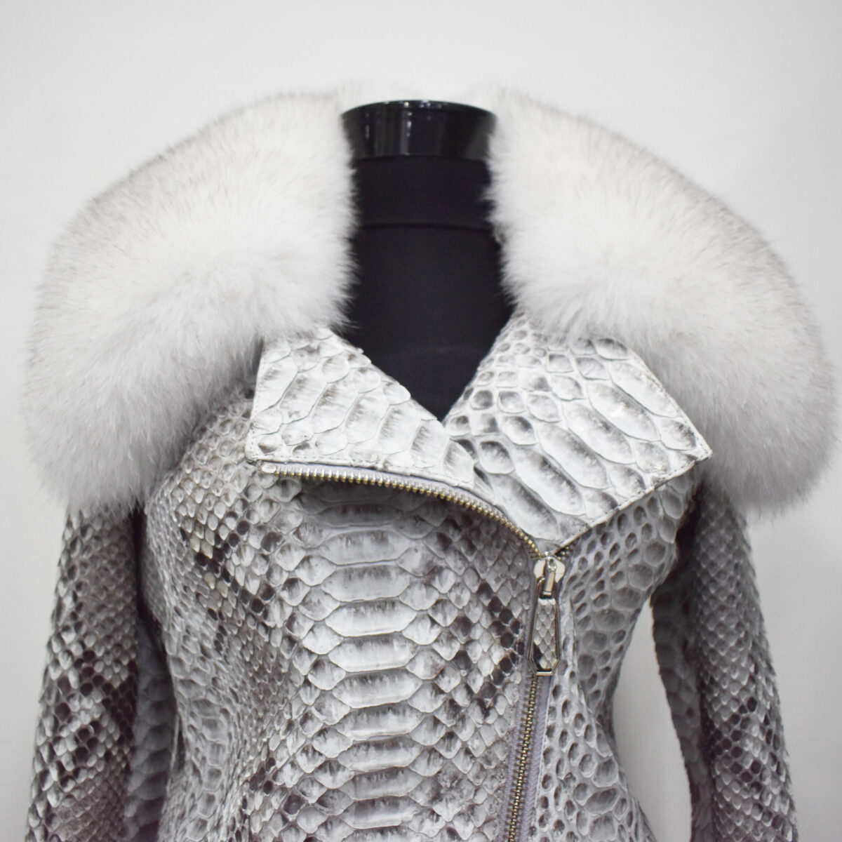 Women's Genuine Python Leather Real Fox Fur Collar White Exotic Biker Jacket